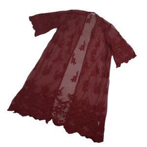 Pink Peony Womens Sheer Lace Kimono Duster Large Open Front Maroon Boho Romantic